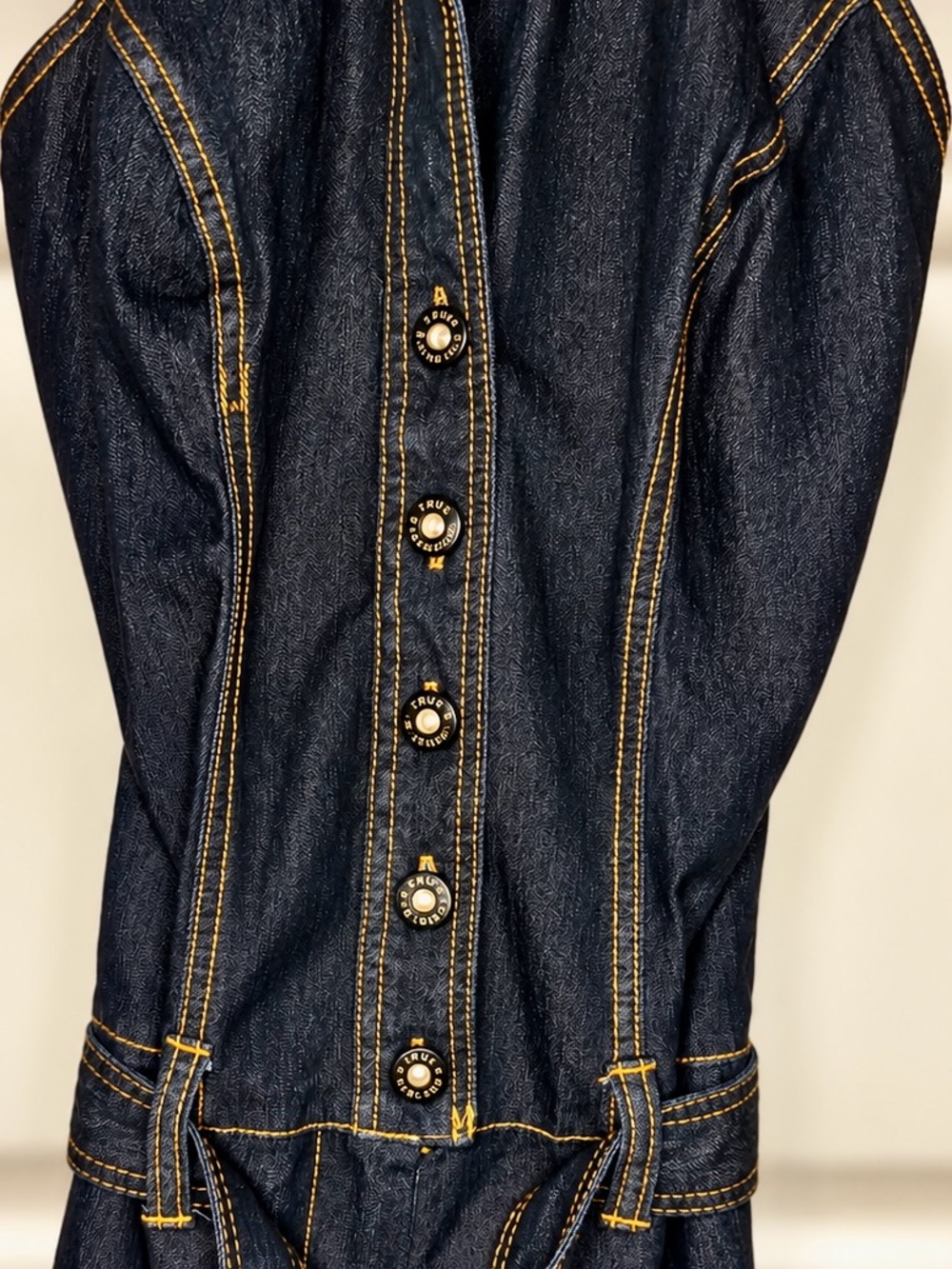 Bisou Bisou Y2K Dark Denim Halter Jumpsuit Wide Leg Open Back L - Picture 5 of 13